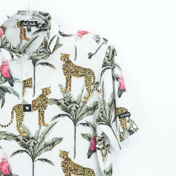 Bad Birdie Shirt Men Large White Cheetah Parrot Palm Print Golf Performance - Picture 5 of 15